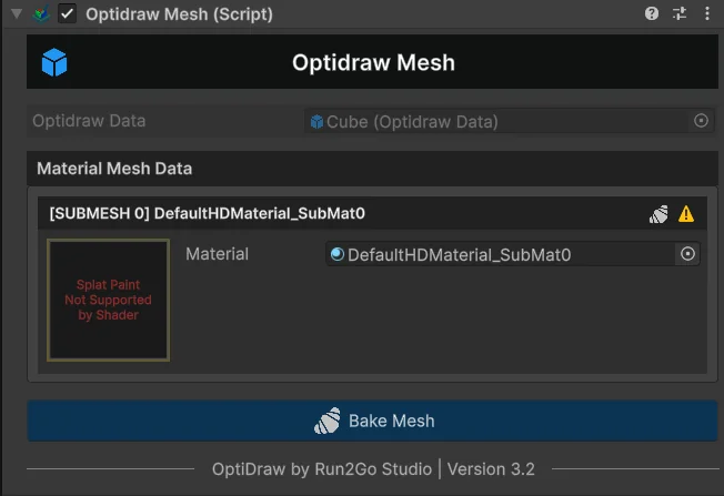 OptiDraw Inspector Warning: Splat Painting not Supported by Shader